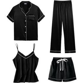 Womens 4pcs Pajamas Sets Silk Satin Sleepwear Sexy Pjs Loungewear (Color: black, size: XL)