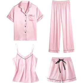 Womens 4pcs Pajamas Sets Silk Satin Sleepwear Sexy Pjs Loungewear (Color: pink, size: XXL)