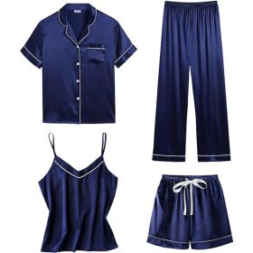 Womens 4pcs Pajamas Sets Silk Satin Sleepwear Sexy Pjs Loungewear (Color: navy blue, size: M)