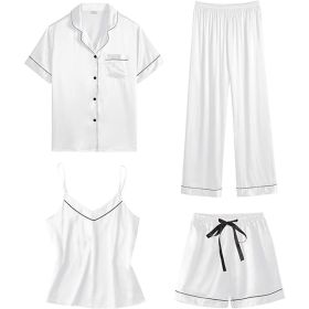 Womens 4pcs Pajamas Sets Silk Satin Sleepwear Sexy Pjs Loungewear (Color: White, size: XXXL)